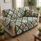 Wildflowers in a Green Lattice Sofa Cover