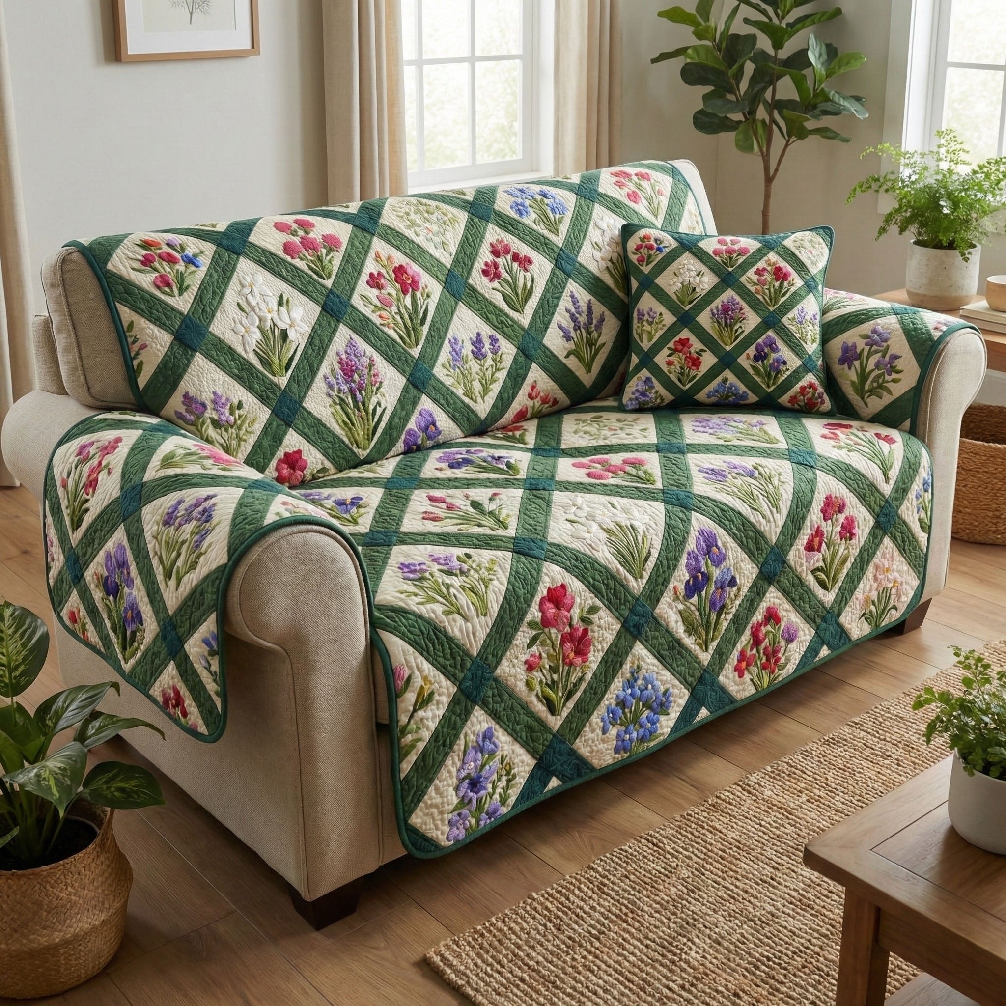 Wildflowers in a Green Lattice Sofa Cover