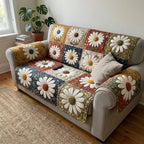 White Daisies on Country Patchwork Sofa Cover