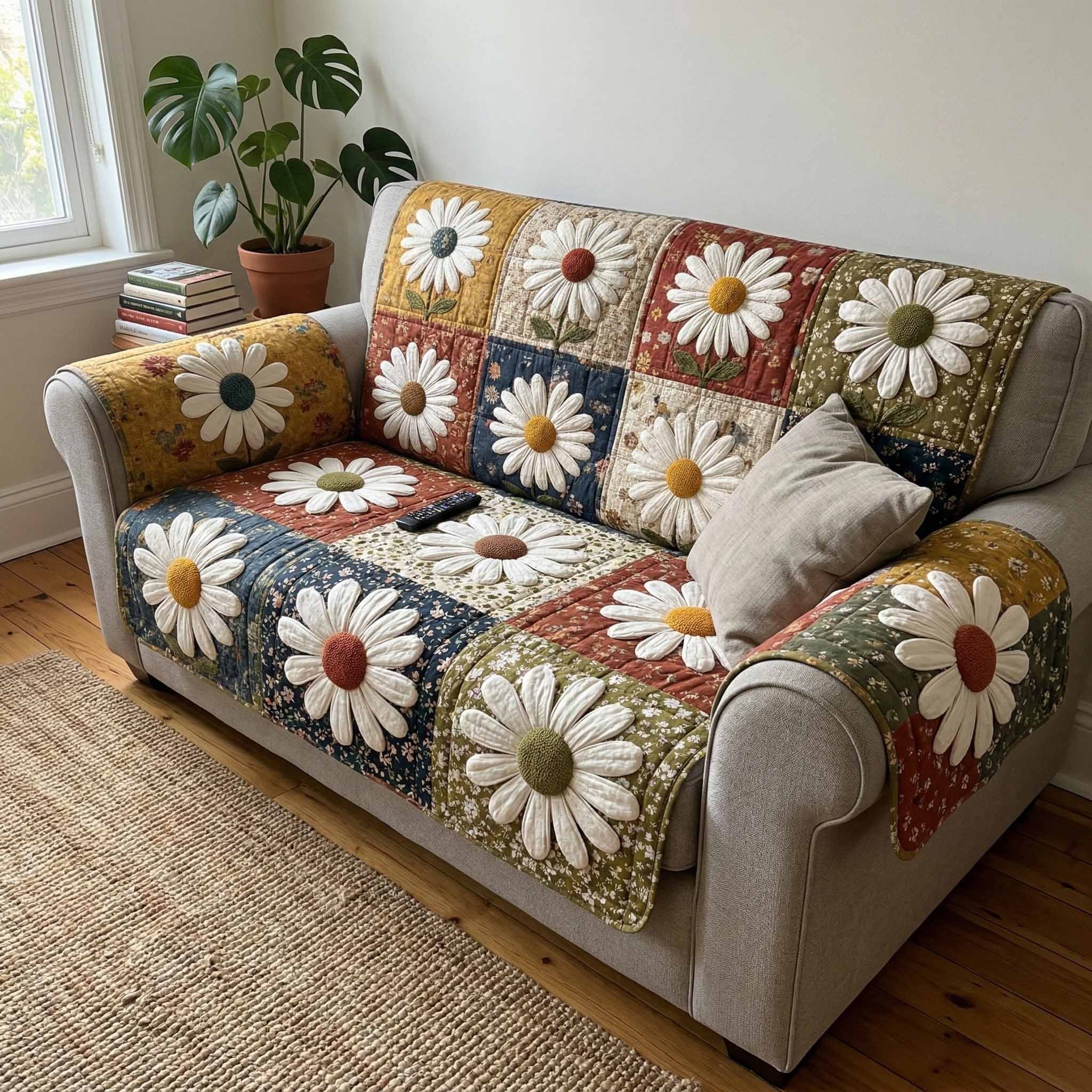 White Daisies on Country Patchwork Sofa Cover