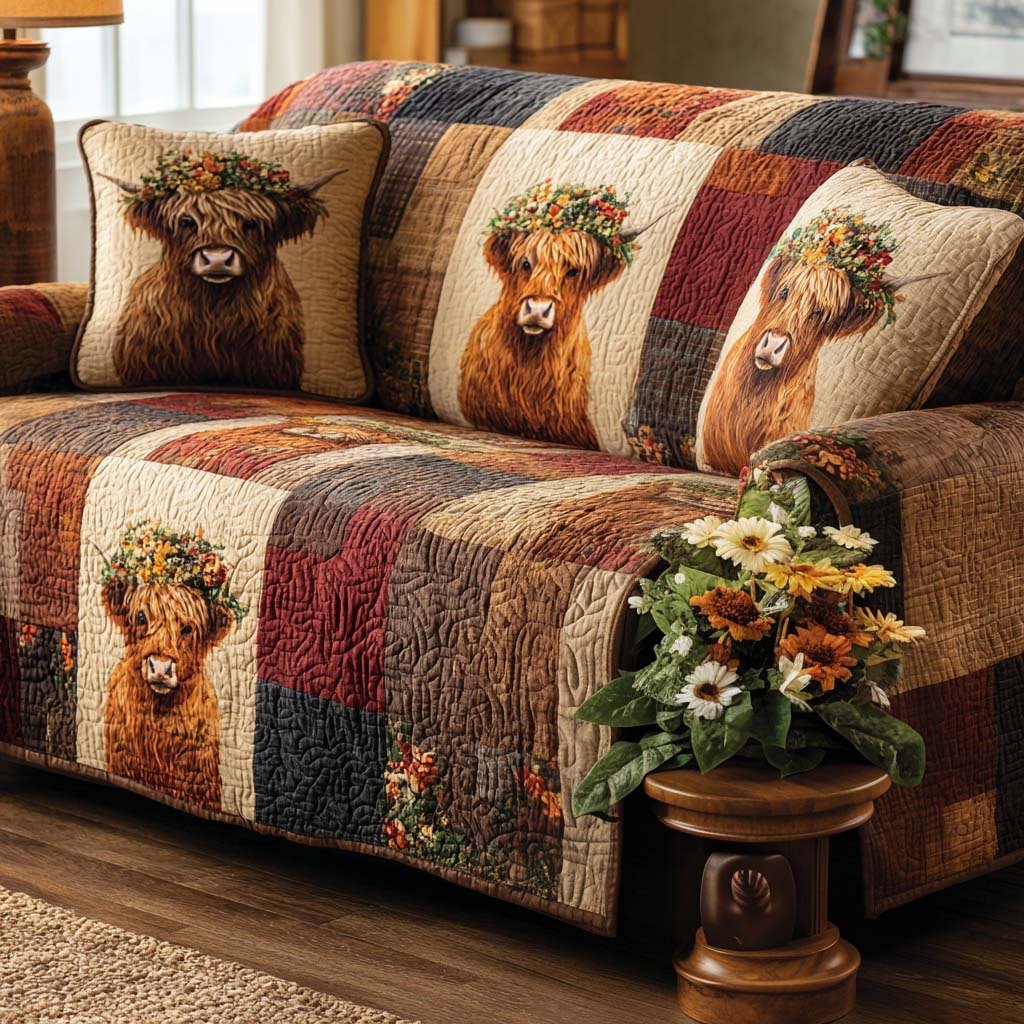Rustic Plaid Squares with Sunflowers Sofa Cover