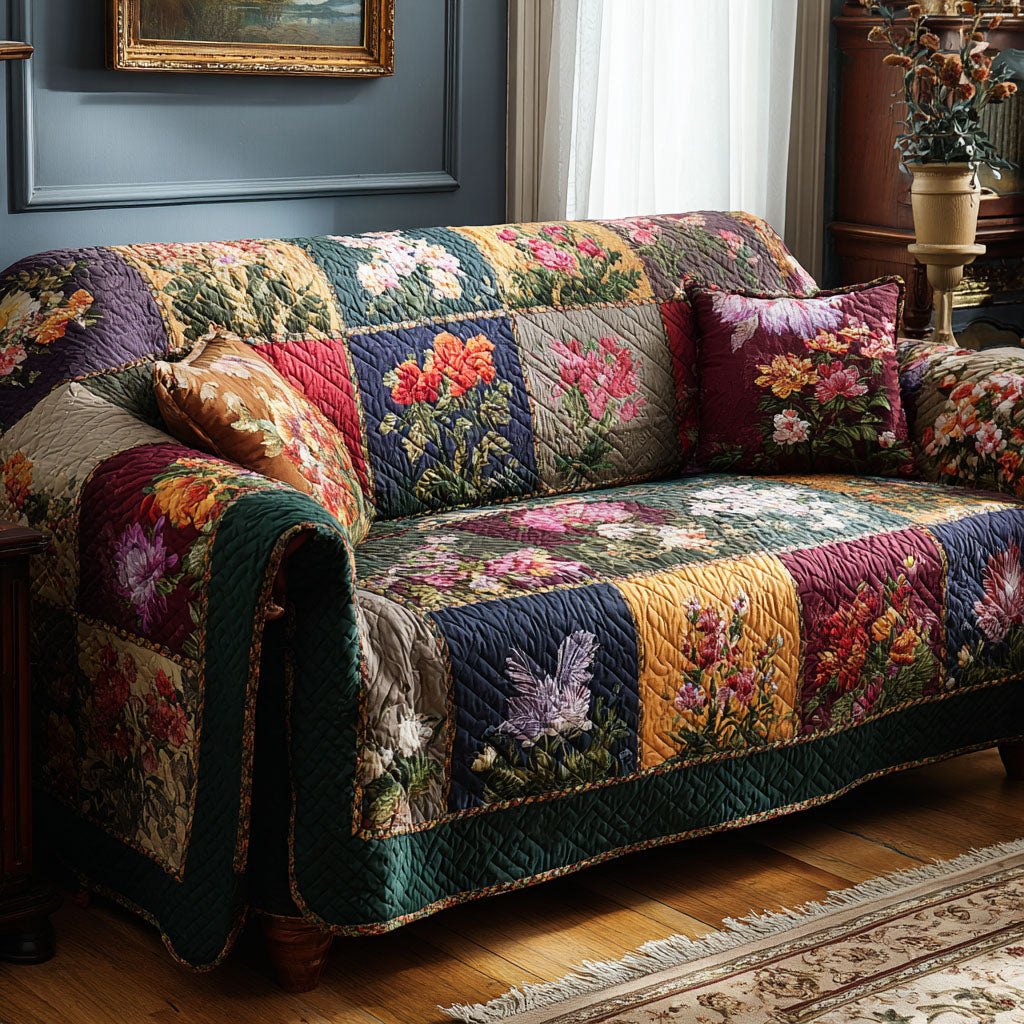 Dark Jewel Floral Patch Blocks Sofa Cover