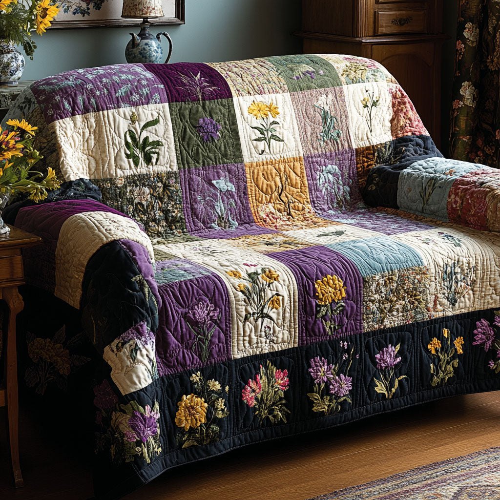 Purple Botanical Stripes on Sage Sofa Cover