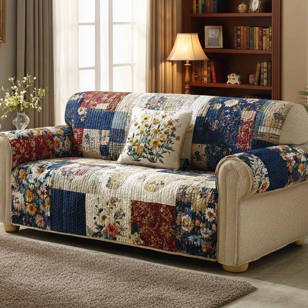 Navy and Burgundy Floral Patchwork Sofa Cover