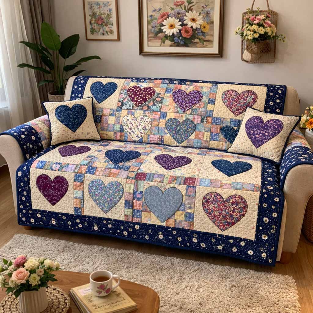Calico Hearts on Cream and Navy Sofa Cover