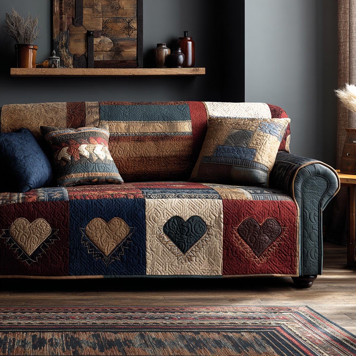 Rustic Hearts in Navy and Red Sofa Cover