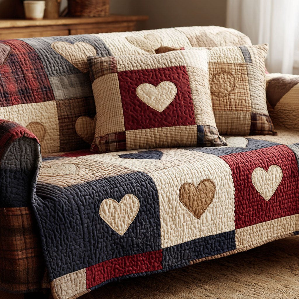 Cream Hearts on Navy Blocks Sofa Cover