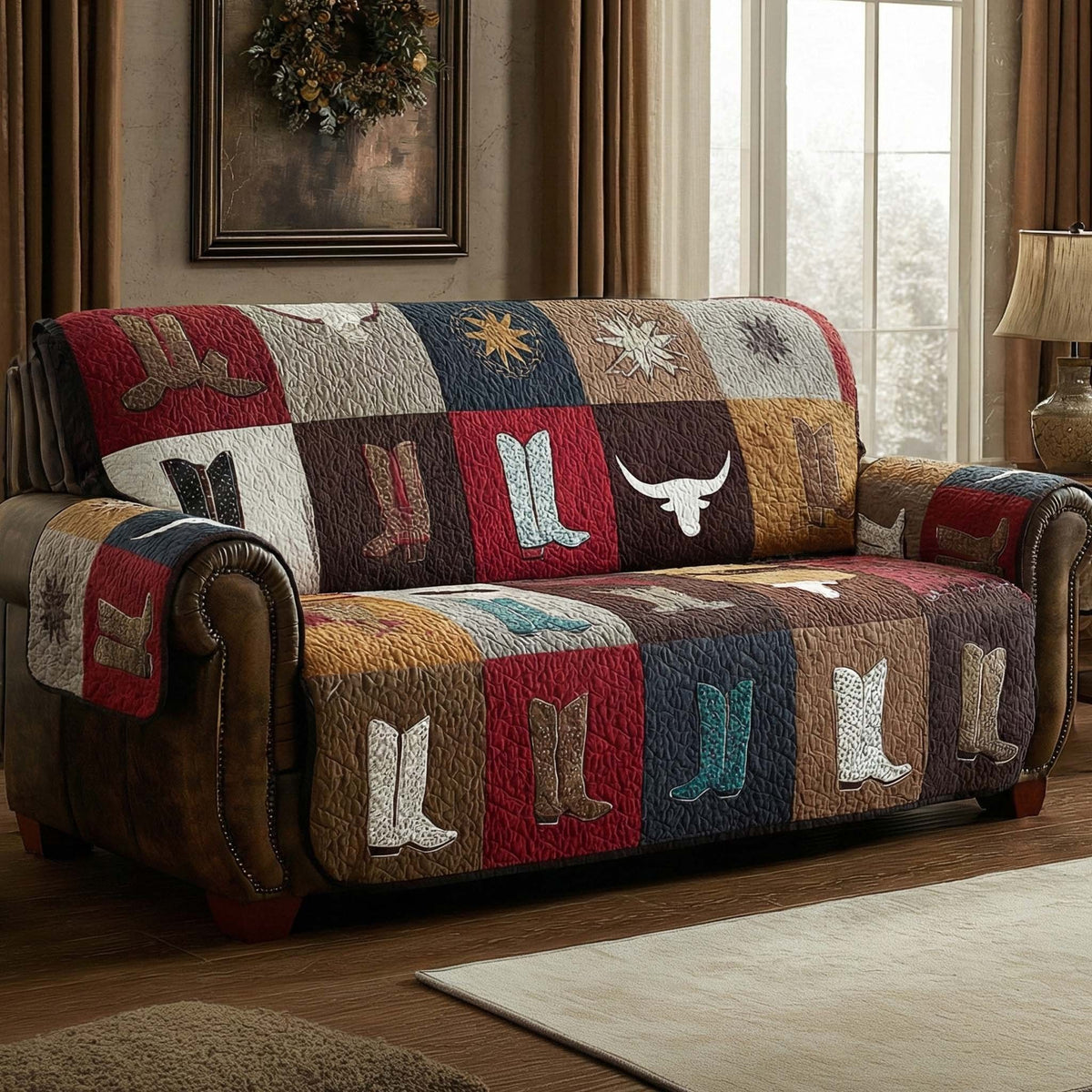 Cowboy Boots and Longhorn Patchwork Sofa Cover