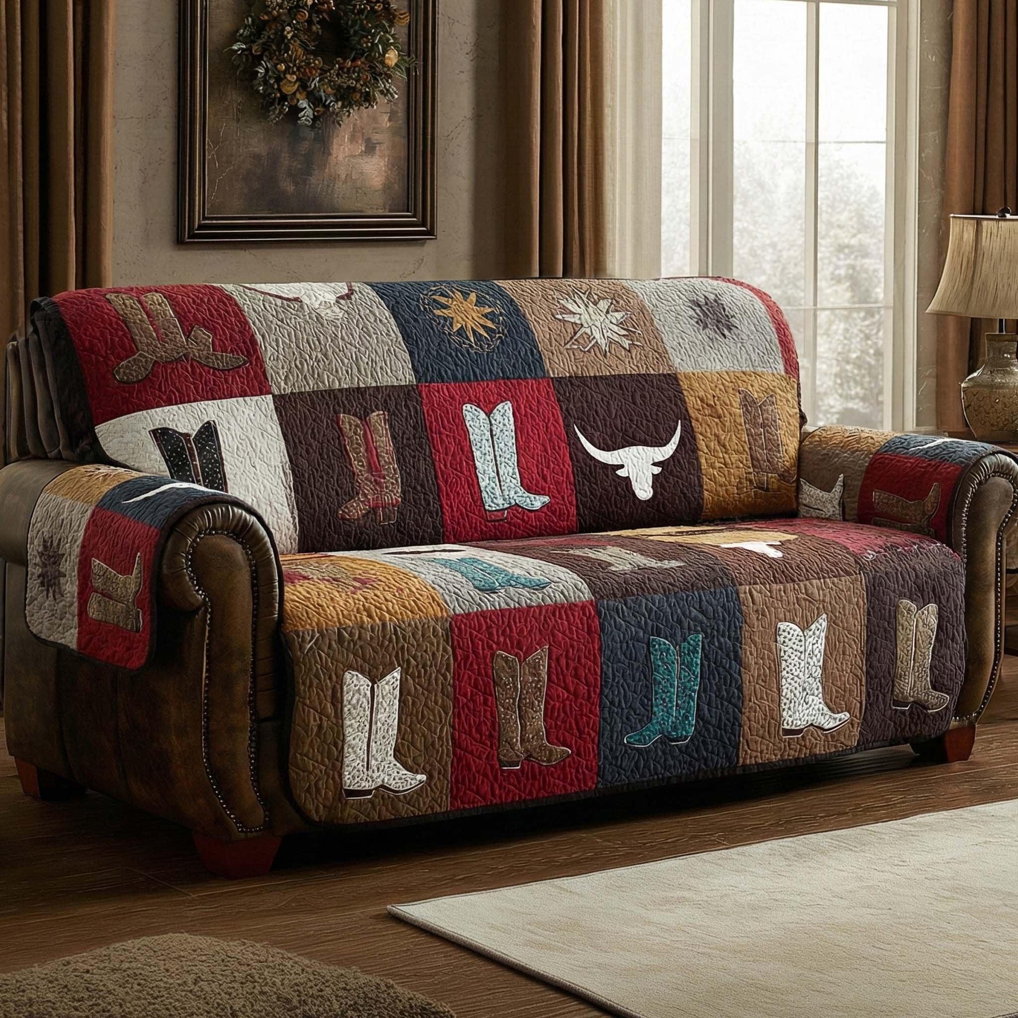 Cowboy Boots and Longhorn Patchwork Sofa Cover