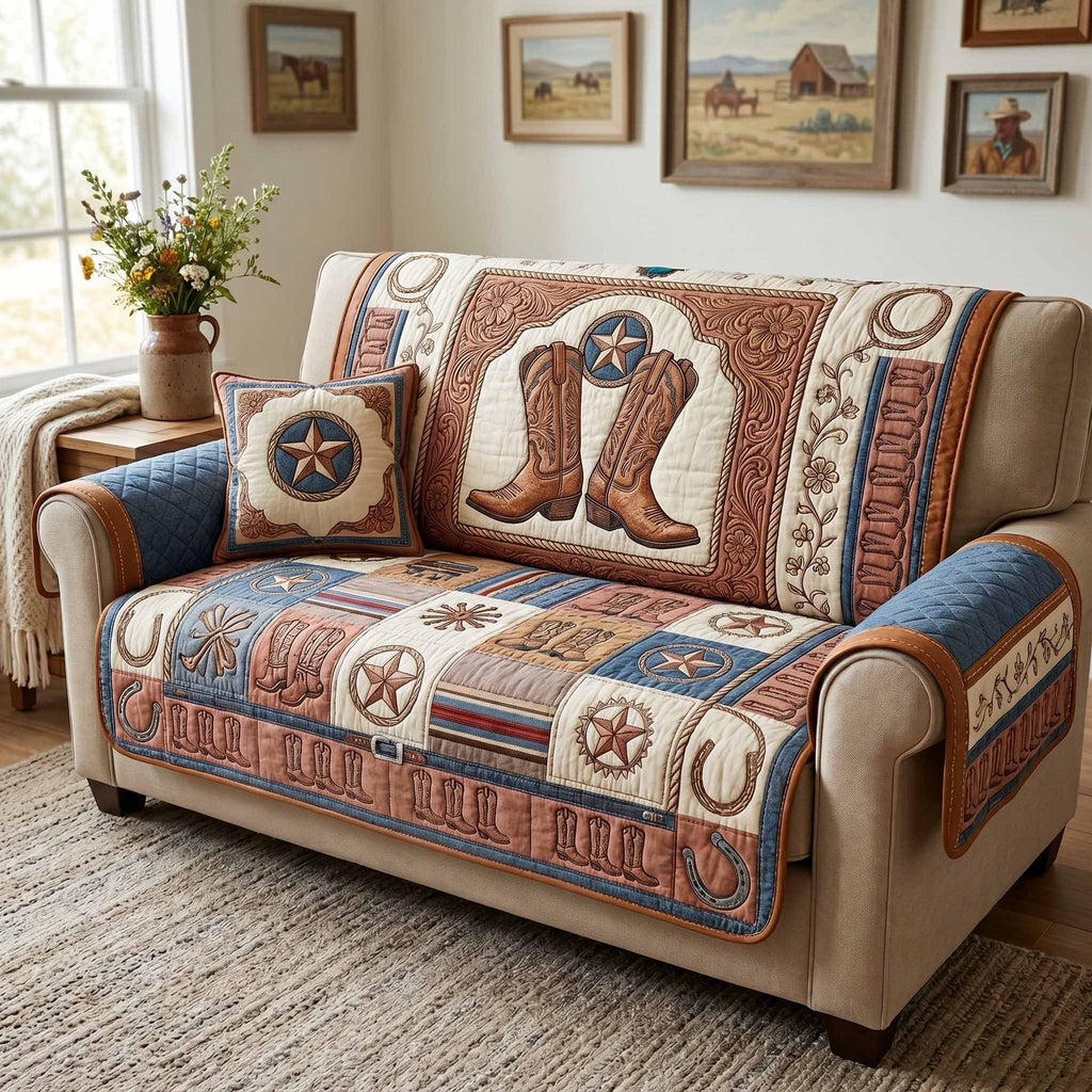 Boots Horseshoes and Stars in Tan Sofa Cover