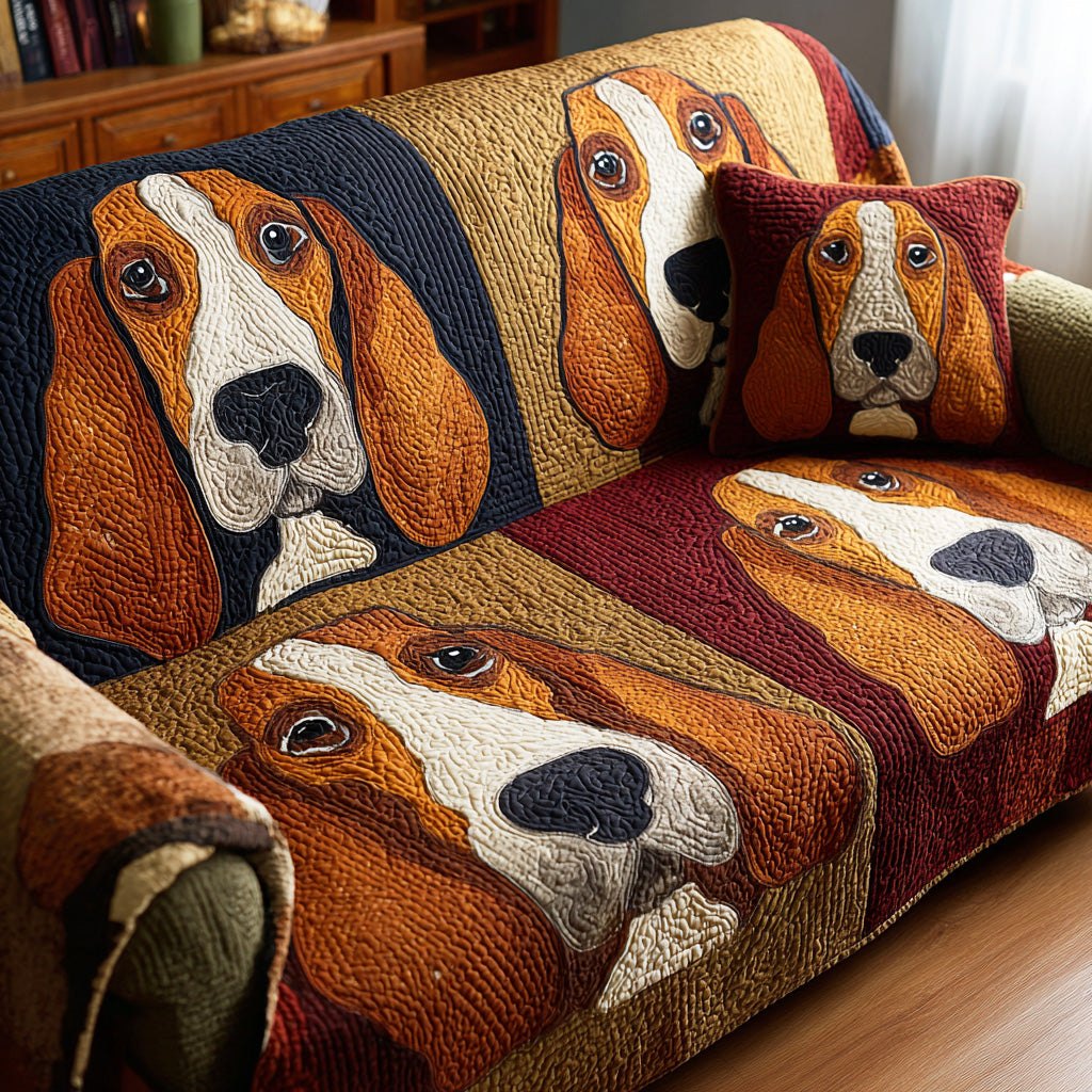 Beagle Faces on Rust and Burgundy Sofa Cover