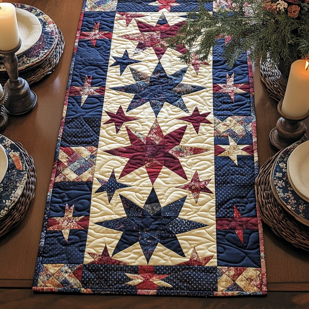 Navy and Red Star Blocks Table Runner