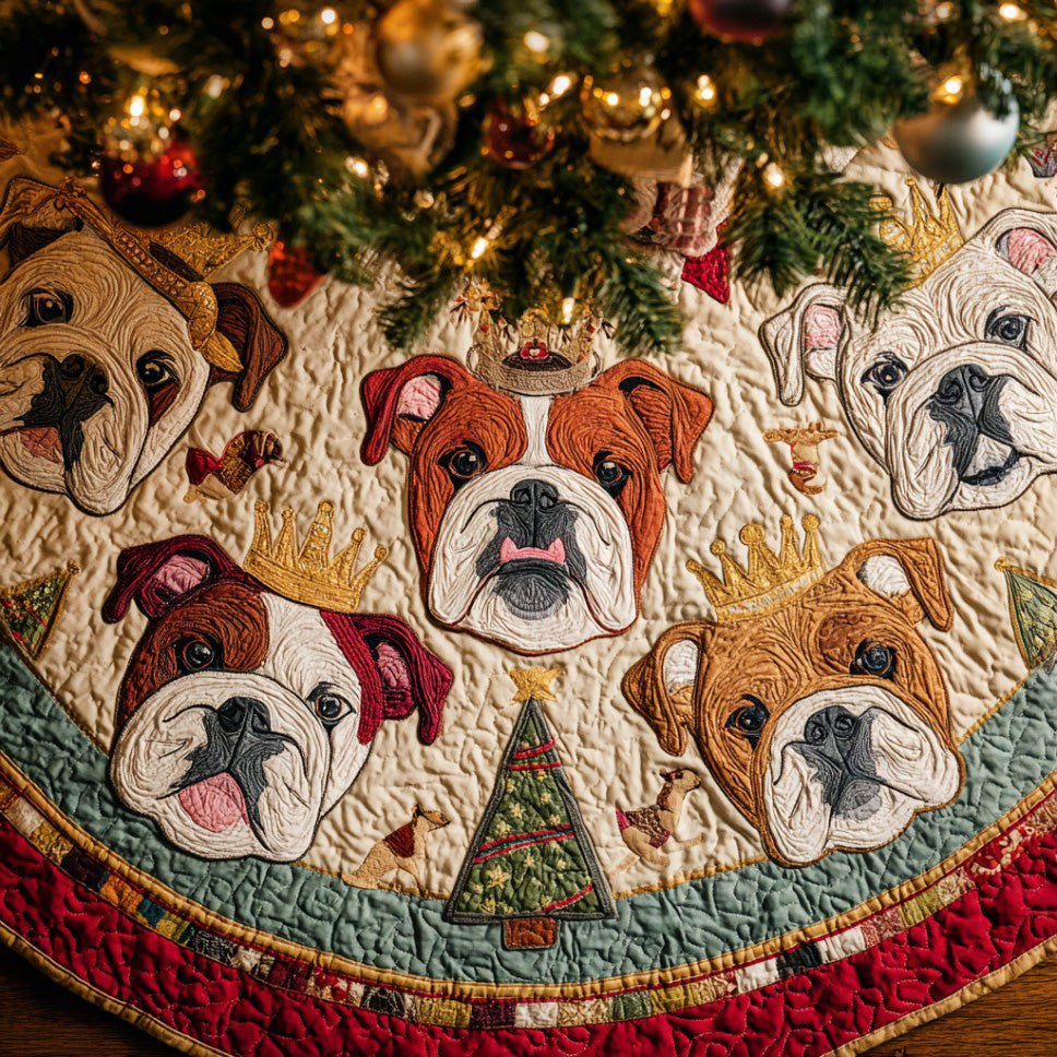 Bulldog Faces on Cream Quilt Christmas Tree Skirt