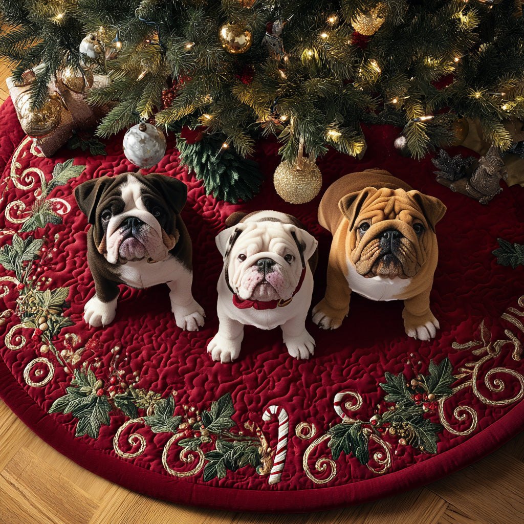 Three Bulldogs on Crimson Christmas Tree Skirt