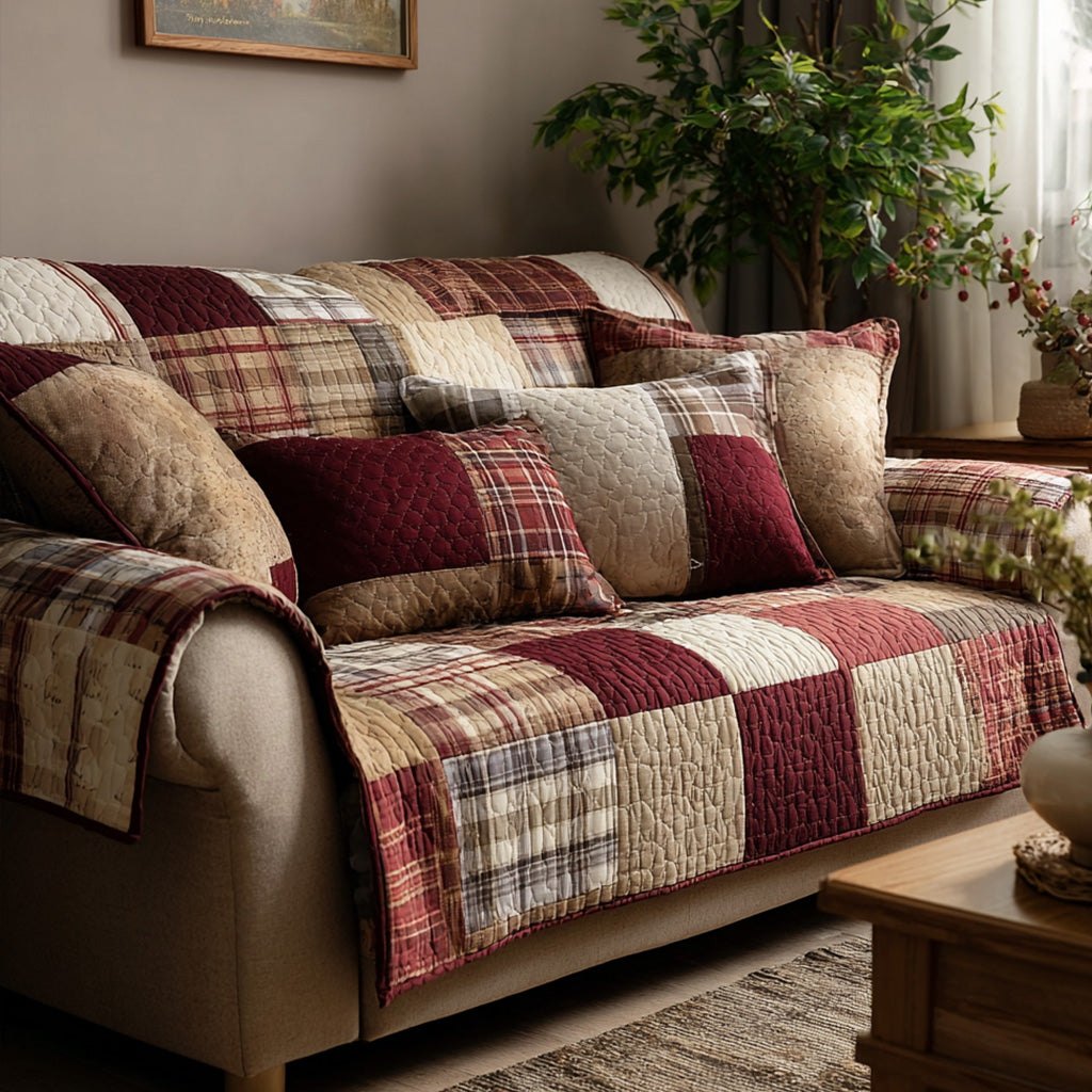 Red Plaid Cabin Patchwork Sofa Cover