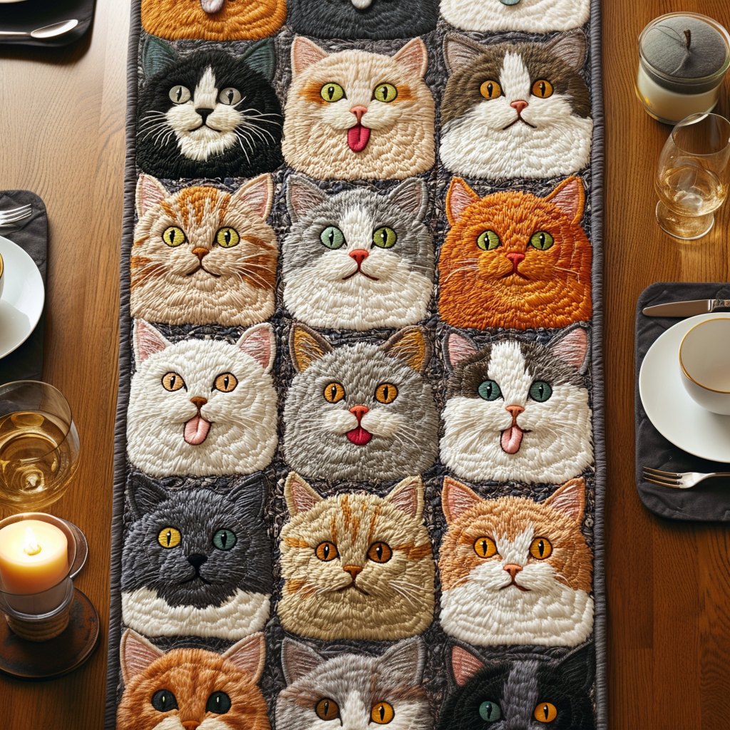 Tabby Cat Faces in a Grid Table Runner