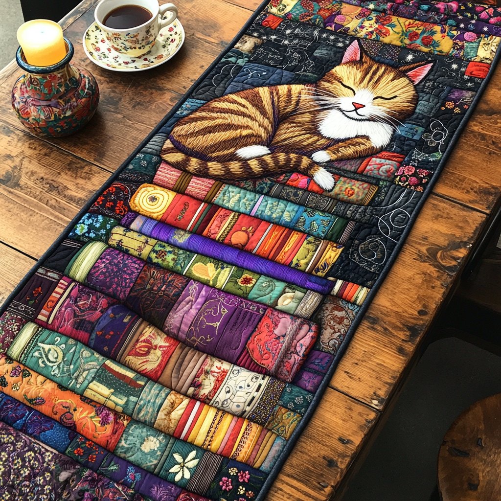 Cat Napping on a Bookshelf Table Runner