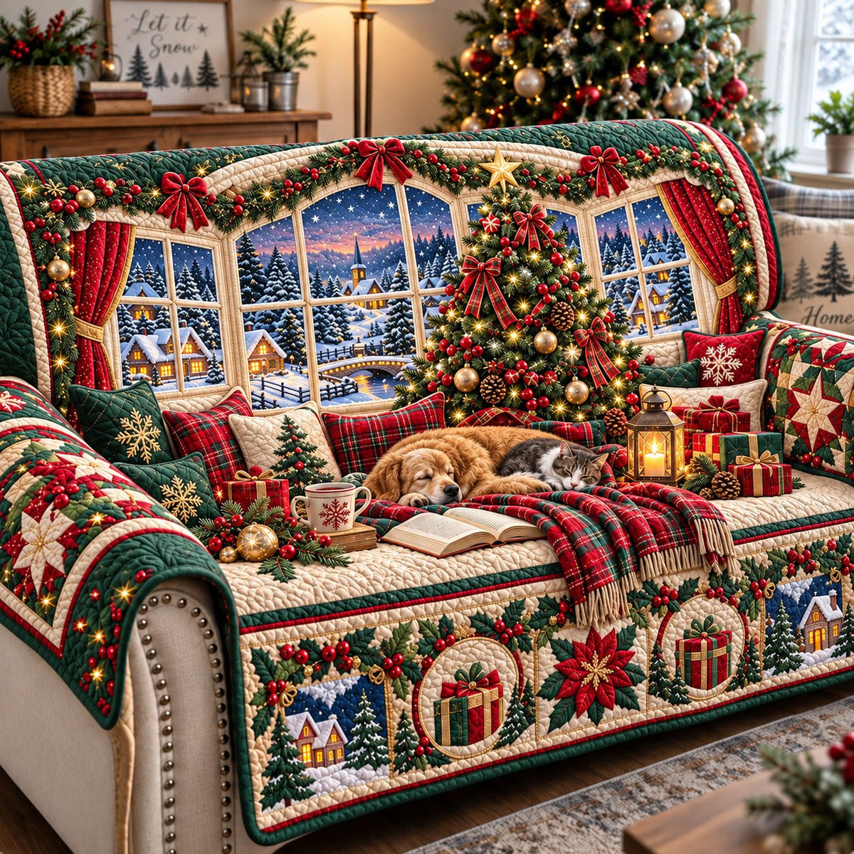 Snowy Window Reading Cat Sofa Cover