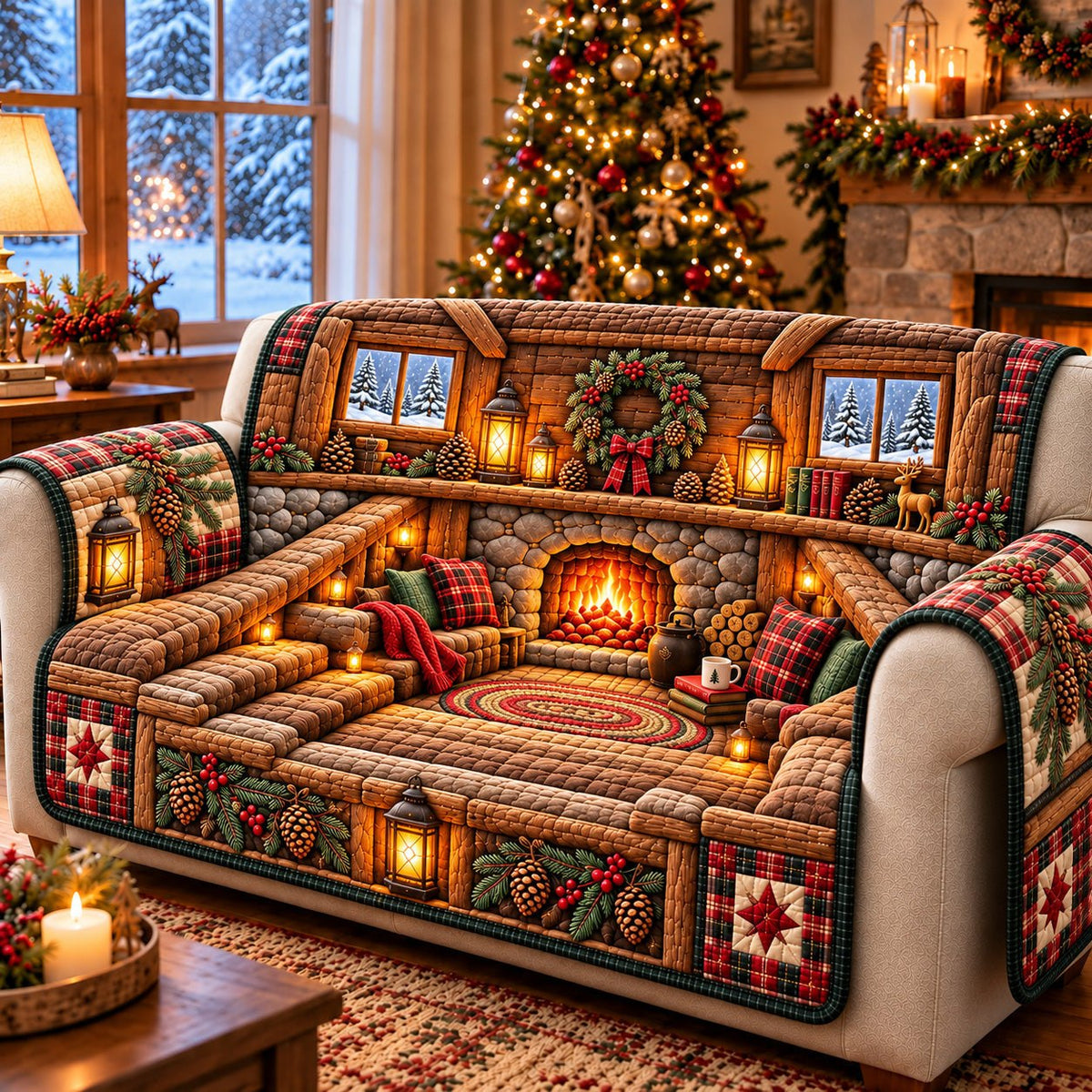 Stone Fireplace Lodge Sofa Cover