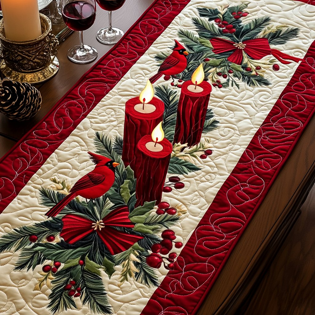 Red Candles with Cardinal and Poinsettia Table Runner