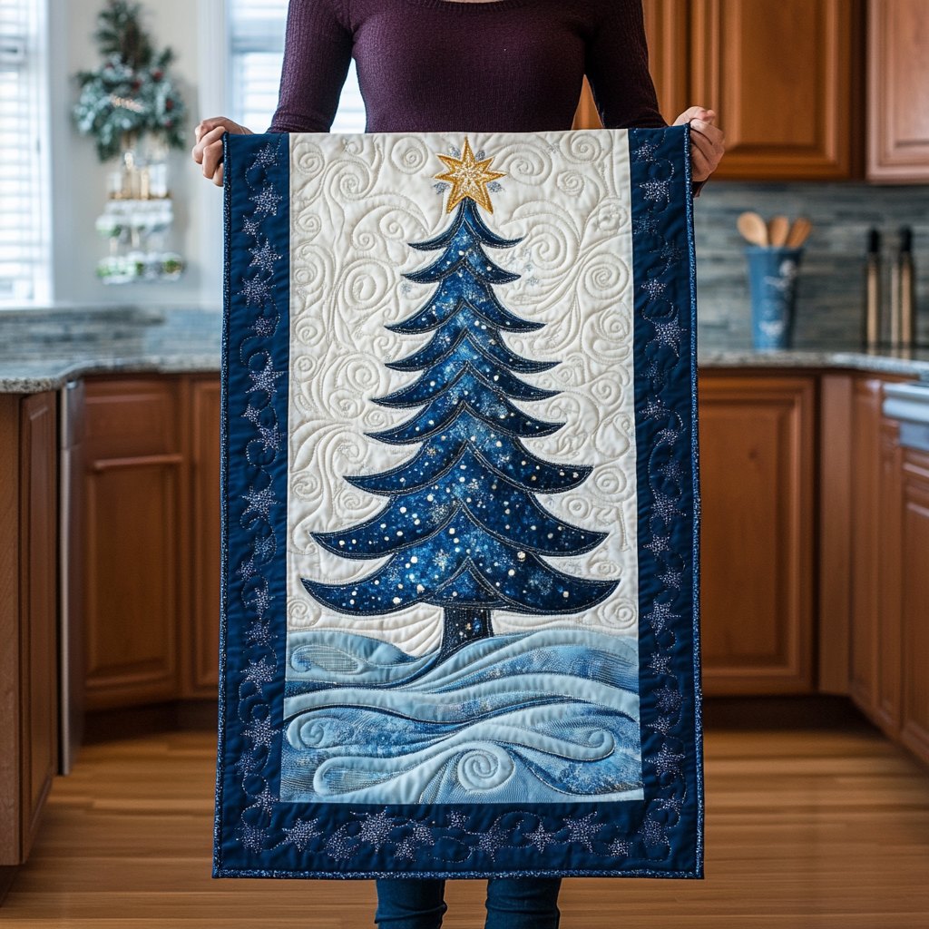 Blue Tree on Snowflake Background Table Runner