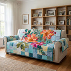 Tropical Blooms on Aqua Patches Sofa Cover