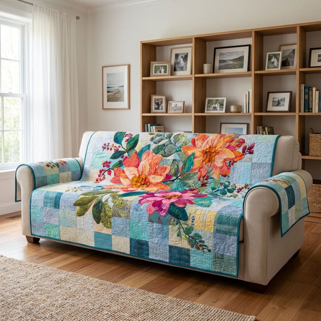 Tropical Blooms on Aqua Patches Sofa Cover