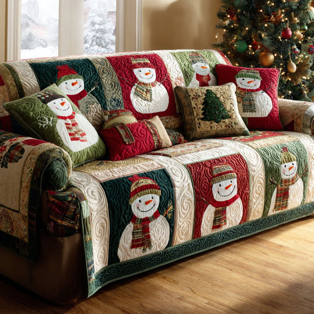Snowmen on Red and Green Blocks Sofa Cover