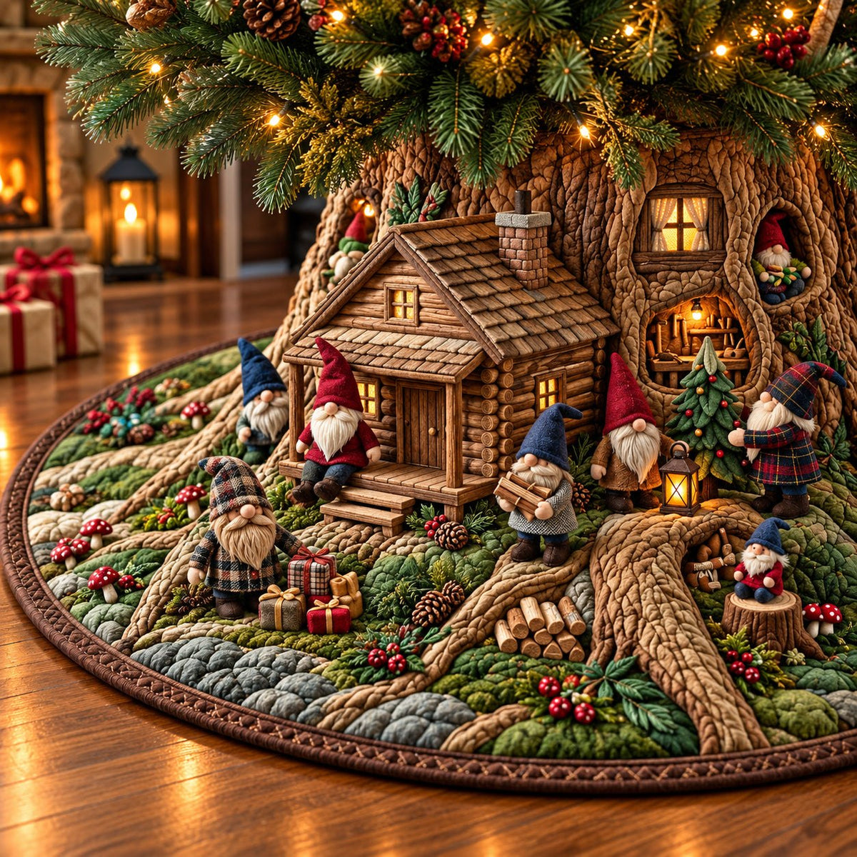 Cozy Gnome Cabin Christmas Tree Skirt
