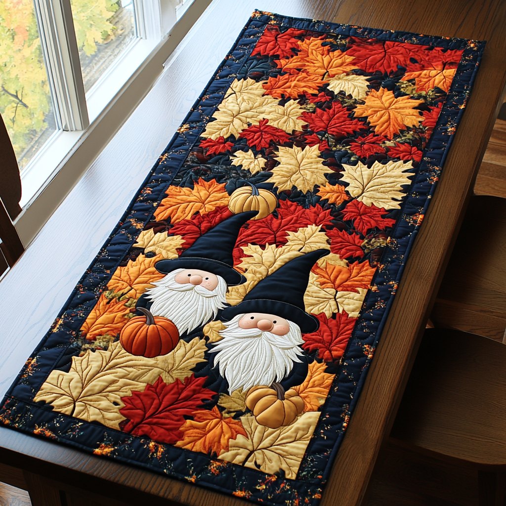 Gnome with Pumpkins on Navy Leaves Table Runner