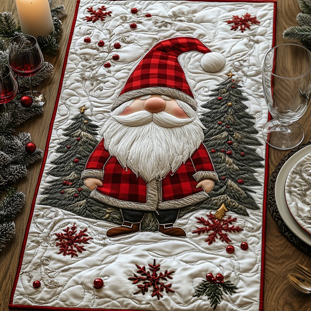 Plaid Gnome with Snowflakes on Cream Table Runner