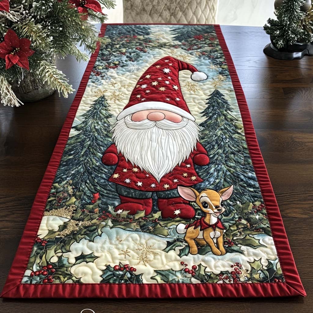 Gnome with a Deer and Pines Table Runner