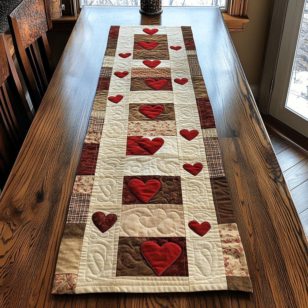 Red Hearts in Cream Blocks Table Runner