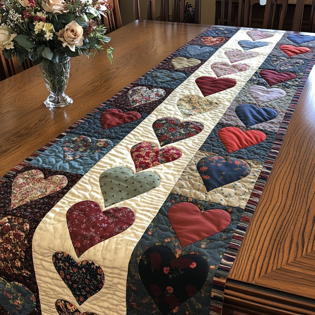 Hearts on Blue and Red Patchwork Table Runner