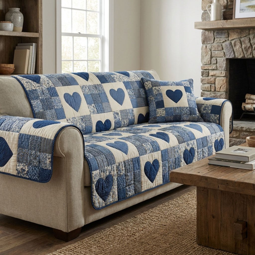 Denim Hearts on Blue Checks Sofa Cover