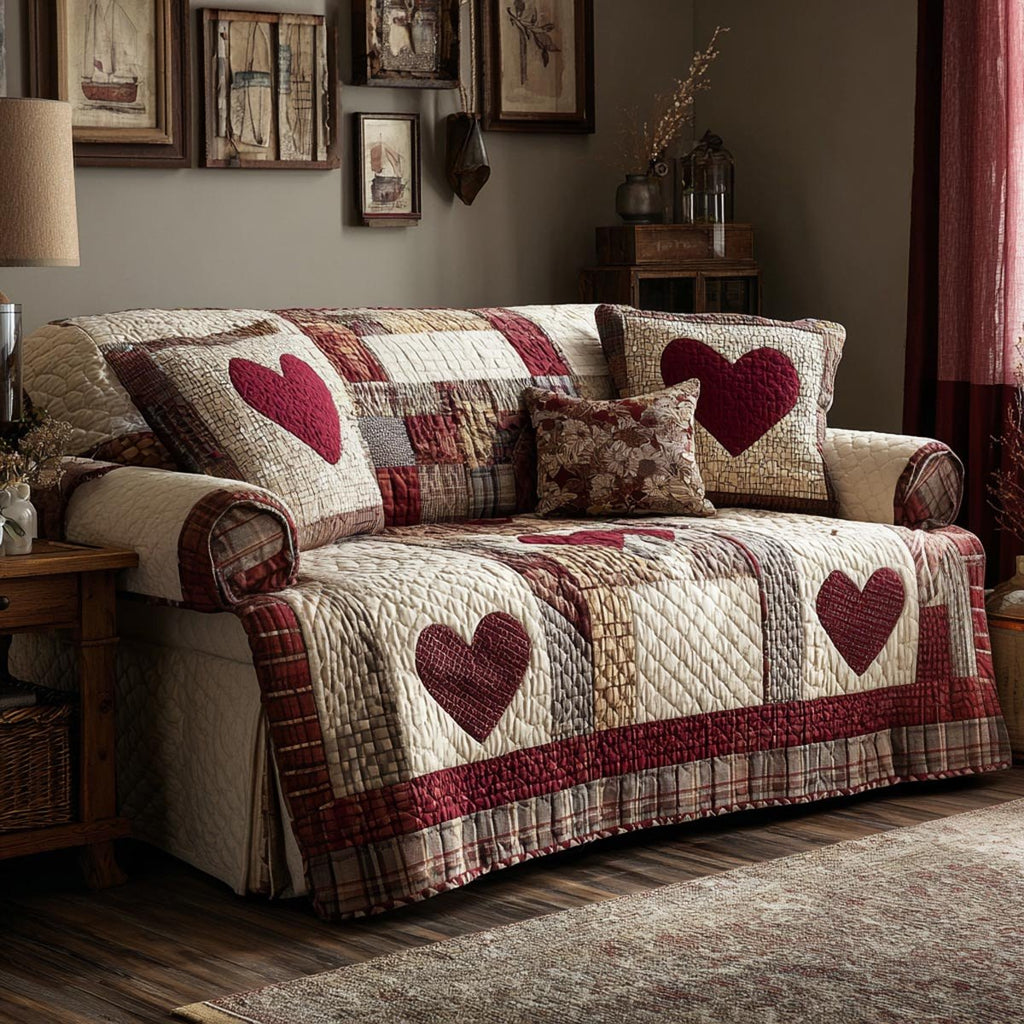 Burgundy Hearts on Cream Plaid Sofa Cover