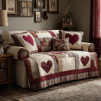 Burgundy Hearts on Cream Plaid Sofa Cover