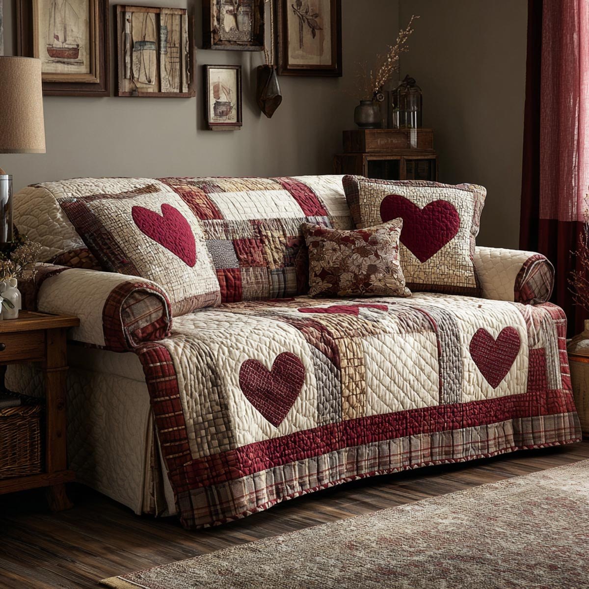 Burgundy Hearts on Cream Plaid Sofa Cover