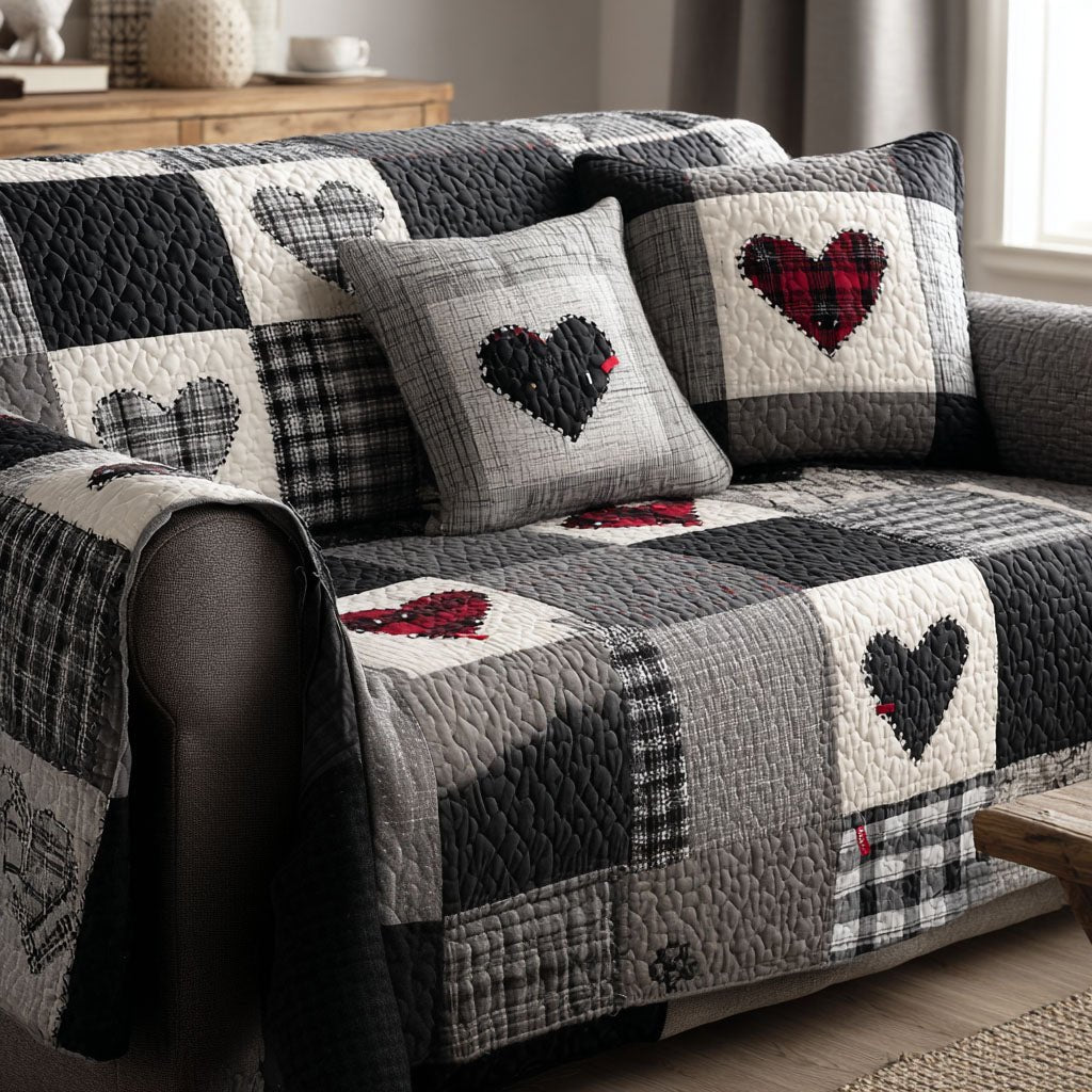 Black and White Gingham Hearts Sofa Cover