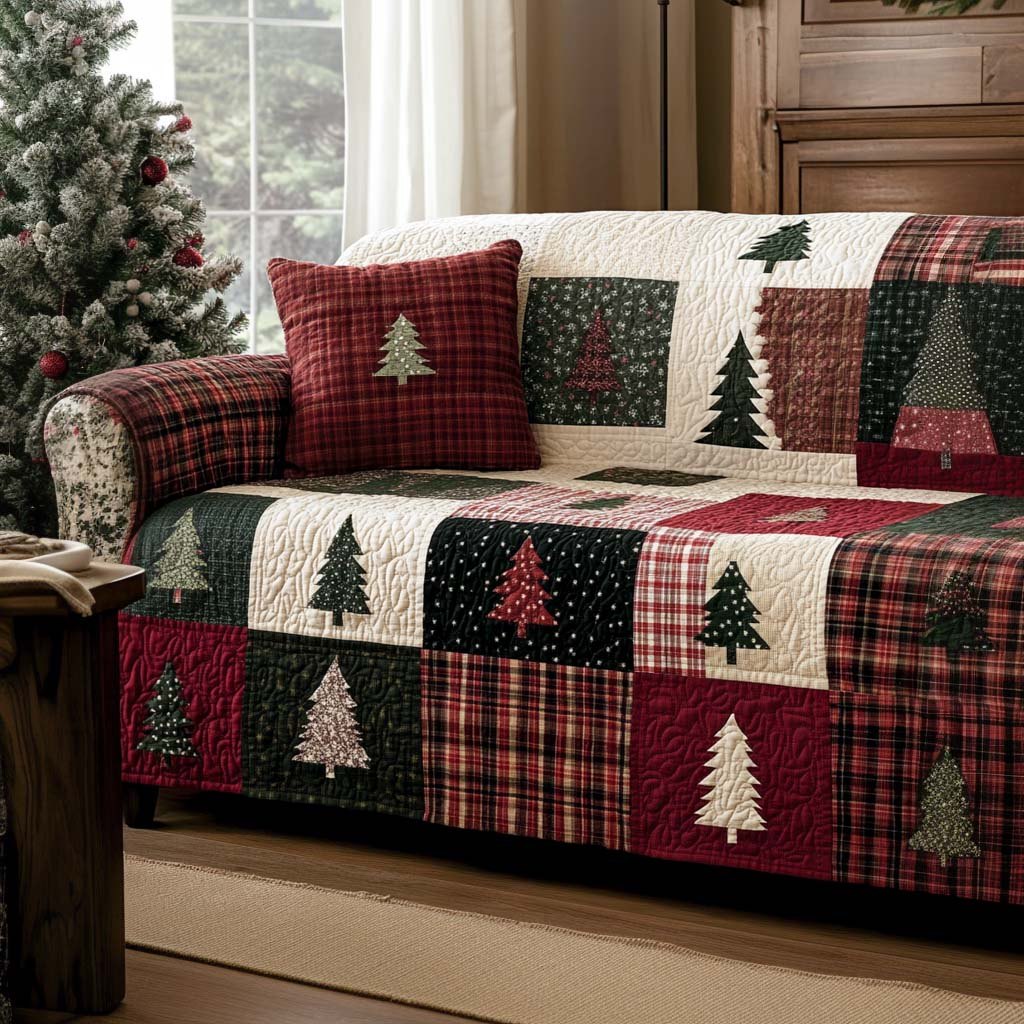 Pine Trees on Red Plaid Blocks Sofa Cover
