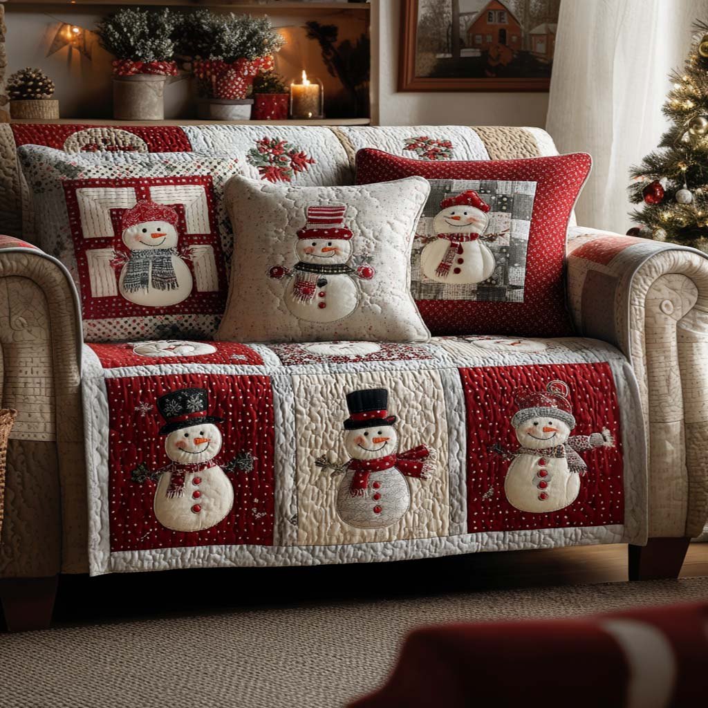 Top Hat Snowmen in Red and White Sofa Cover
