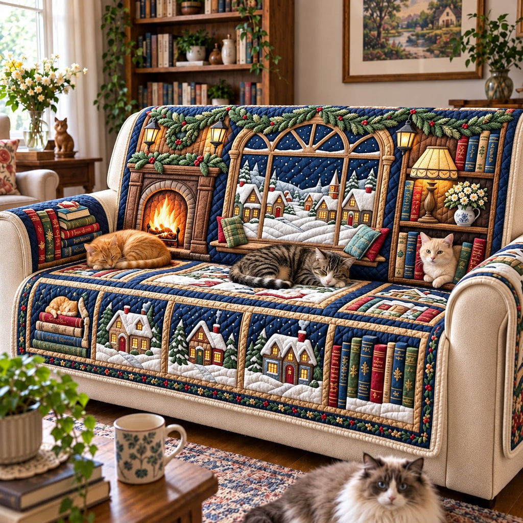Navy Village Window Library Cats Sofa Cover