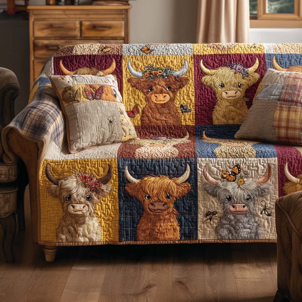 Highland Cattle on Mustard Blocks Sofa Cover