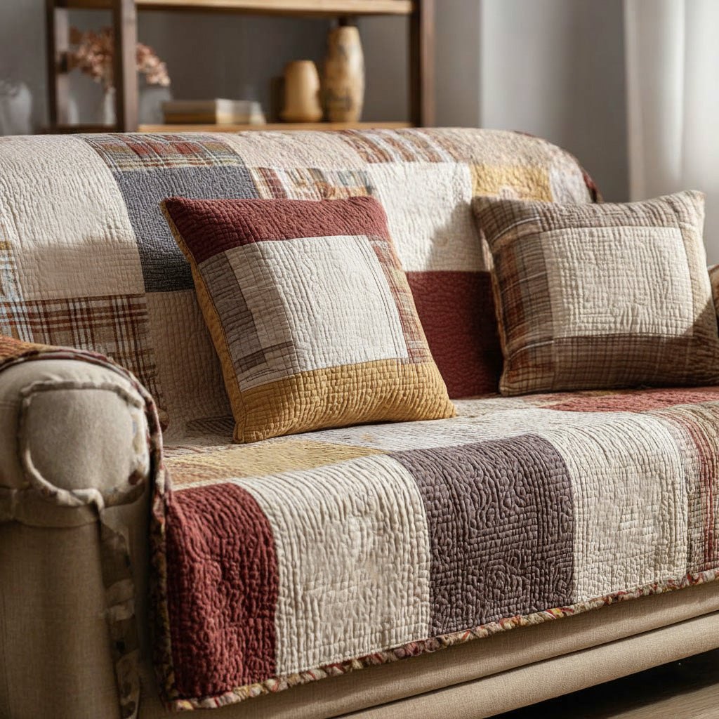 Muted Plaid Squares in Sand and Red Sofa Cover