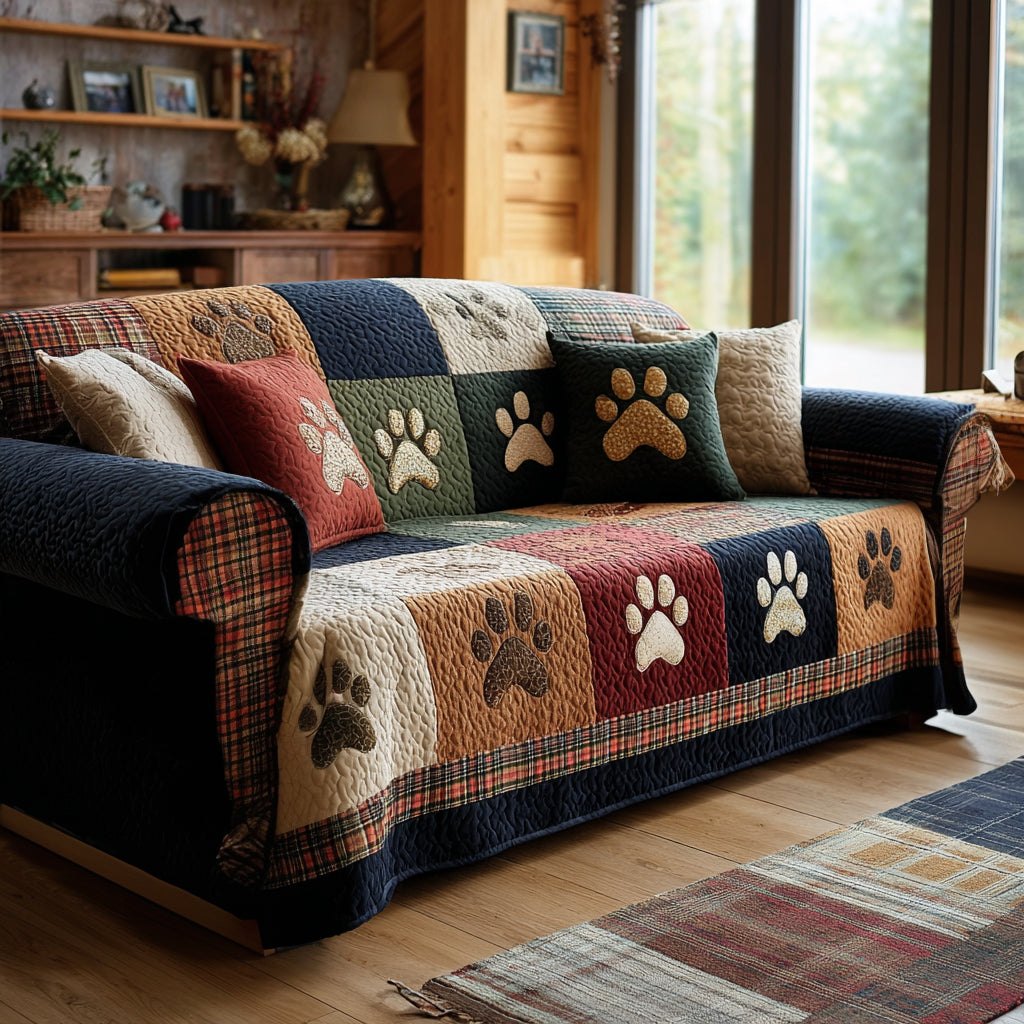 Paw Prints on Rustic Cream Blocks Sofa Cover