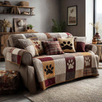 Brown Paw Prints on Burgundy Squares Sofa Cover
