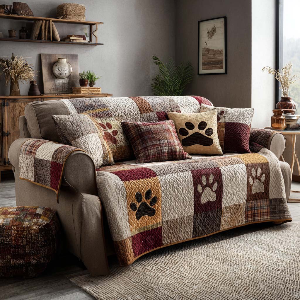 Brown Paw Prints on Burgundy Squares Sofa Cover