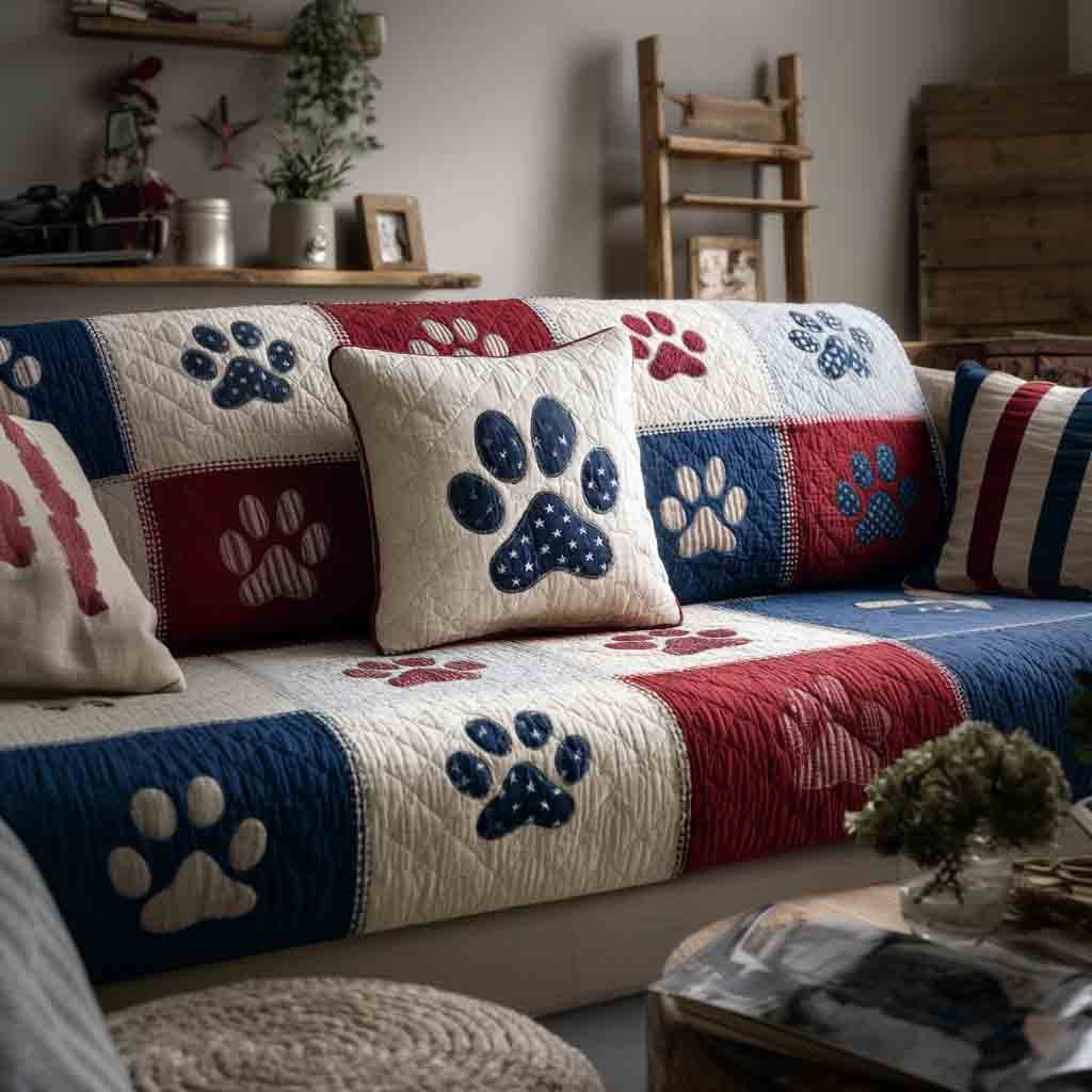 Navy Paw Prints on Red and White Sofa Cover