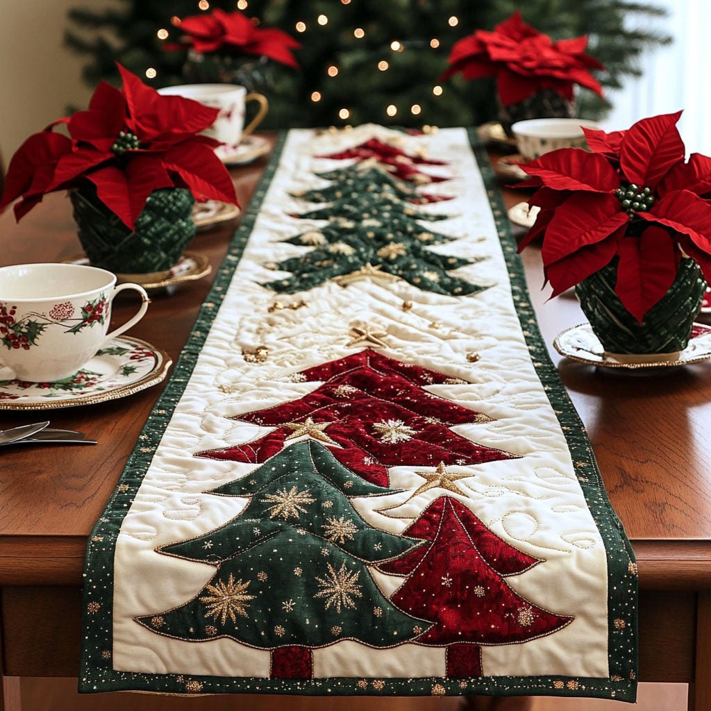 Red and Green Trees with Snowflakes Table Runner