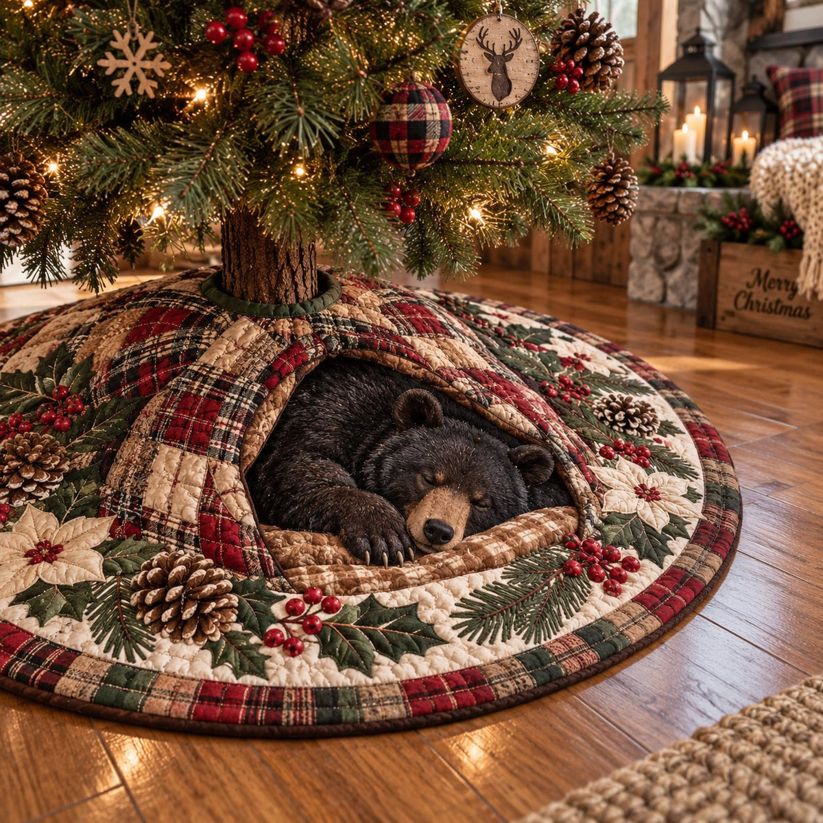 Cozy Plaid Bear Hideaway Christmas Tree Skirt